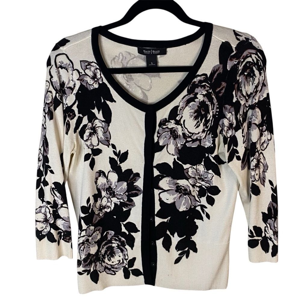 WHBM Cream and Black Floral Cardigan Sz S